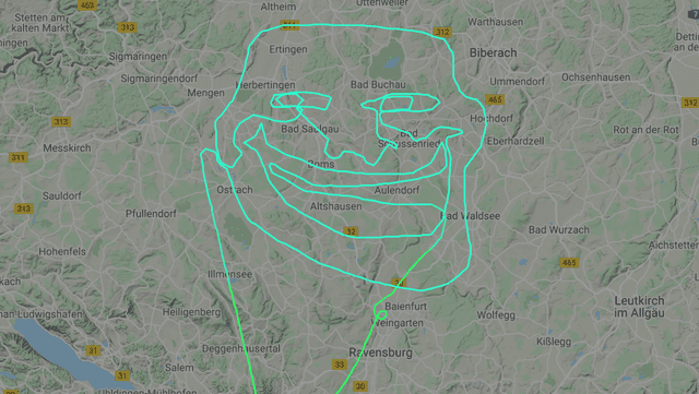 Piloto alemán dibujo al 'Troll Face' en el cielo. Foto: flightradar24.com