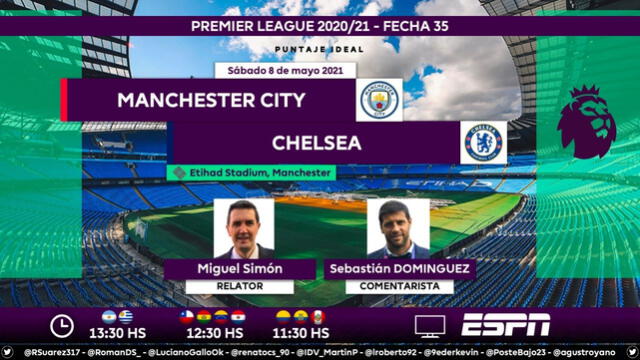 Manchester City vs Chelsea por ESPN. Foto: Puntaje Ideal/Twitter
