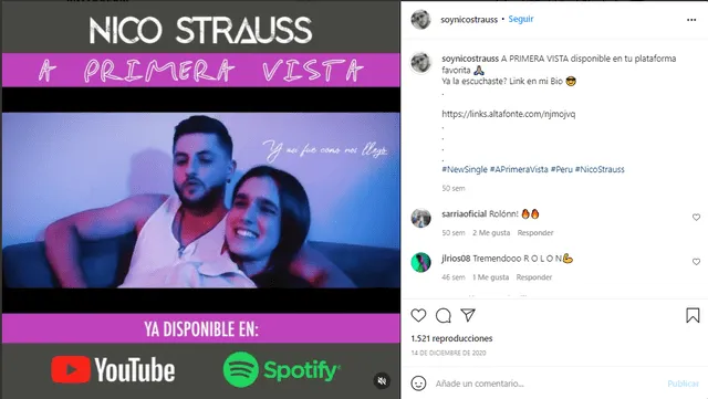 Nico Strauss lanza video de su canción "A primera vista" en YouTube. Foto: captura Instagram