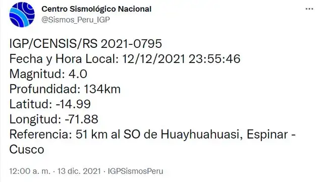 Sismo en Cusco, IGP