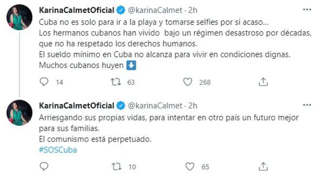 Karina Calmet se pronunció en favor del pueblo cubano.
