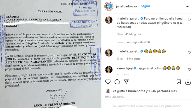 Mariella Zanetti respalda a su colega Janet Barboza. Foto: Instagram