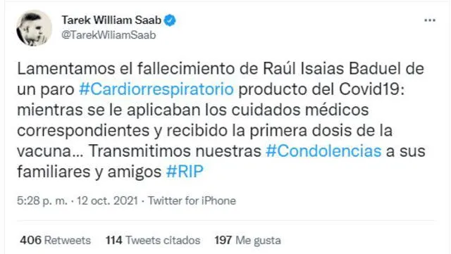 Tuit de Tarek William Saab sobre el fallecimiento de Raúl Isaias Baduel. Foto: captura Twitter/@TarekWilliamSaab