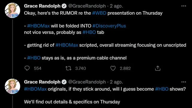 Tuit de Grace Randolph sobre el futuro de Discovery+ y HBO Max