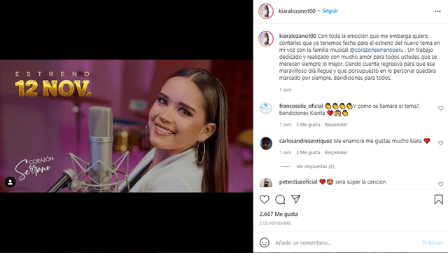 Kiara Lozano anunció hace una semana la fecha de estreno del videoclip de "Heridas de amor". Foto: Kiara Lozano/Instagram