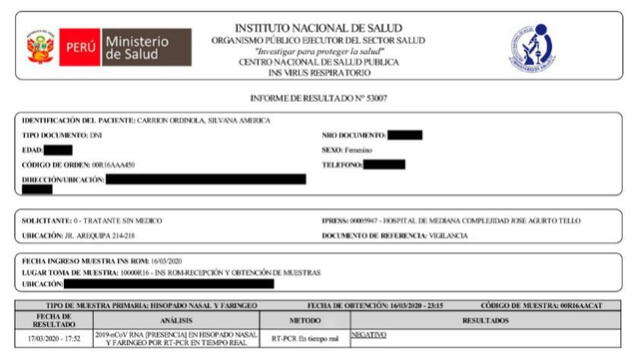 Certificado del Minsa que acredita el resultado negativo para coronavirus de la procuradora Silvana Carrión.