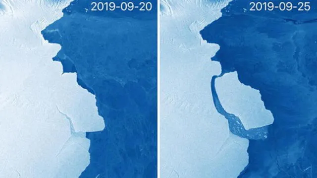 El desprendimiento de un bloque de hielo en la Antártida.