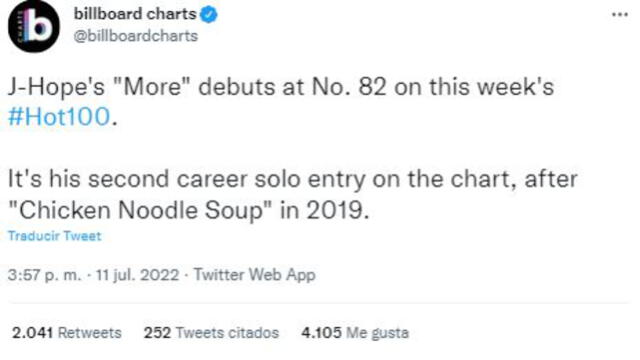 J-Hope entra al Hot 100 de Billboard. Foto: captura Twitter