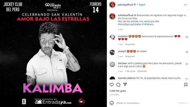 Kalimba debutará en concierto junto a Reik, Alex Ubago, Ezio Oliva y Camila. Foto: Instagram