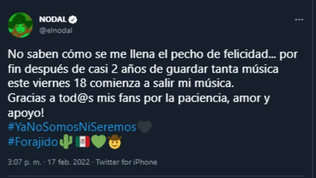 Christian Nodal anuncia lanzamiento de su nuevo sencillo por su cuenta de Twitter. Foto: Twitter