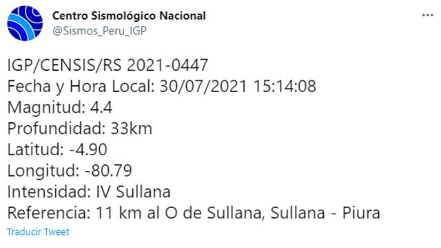 Otra réplica se registró esta tarde en Piura, confirmó el IGP.