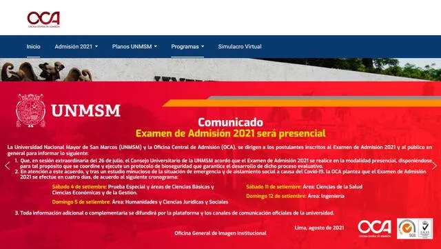 Página de la OCA brindará los resultados del examen de admisión de la UNMSM