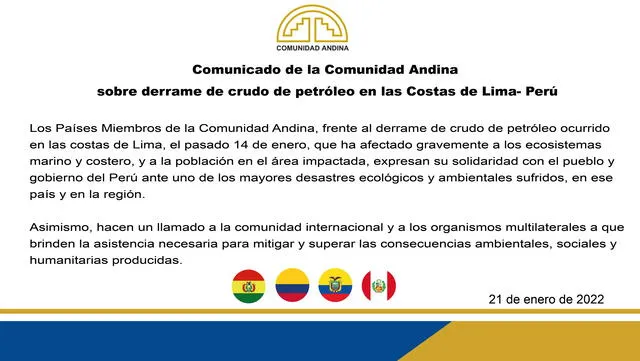 Comunicado que publicó la Comunidad Andina en sus redes sociales respecto al caso Repsol. Foto: Twitter de la CAN.