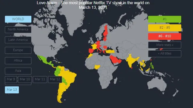 Love Alarm en el mundo. Países en verde ubican al drama en el primer lugar. Foto: flixpatrol