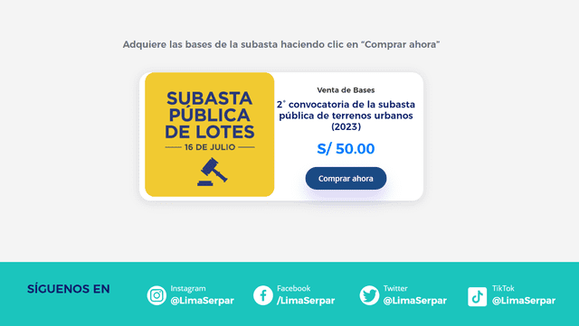 En la página web de Serpar, podrás comprar hasta el 14 de julio las bases para poder participar de la subasta de terrenos en Lima. Foto: Serpar<br><br> 