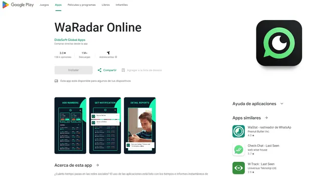  Para que el 'truco' funcione debes bajar WaRadar Online. Foto: captura de Play Store   