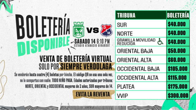 Entradas para el partido contra Independiente de Medellín. Foto: Atlético Nacional 