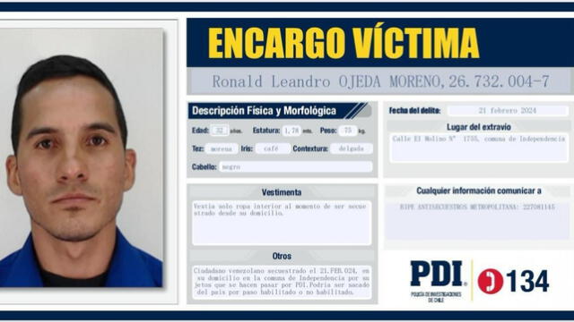 La PDI confirmó el&nbsp;secuestro&nbsp;del teniente&nbsp;Ronald Ojeda Moreno,&nbsp;venezolano refugiado en Chile tras desertar de su cargo en el régimen de&nbsp;Nicolás Maduro.&nbsp;Foto: PDI   