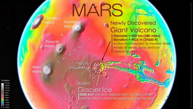 El volcán gigante se encuentra entre las provincias volcánicas y cañones más grandes de Marte. Foto: NASA/Lee y Shubham   