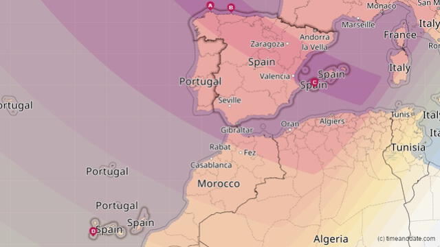 Mapa con franja de visibilidad y recorrido del eclipse solar total en España de 2026. Foto: Time and Date    