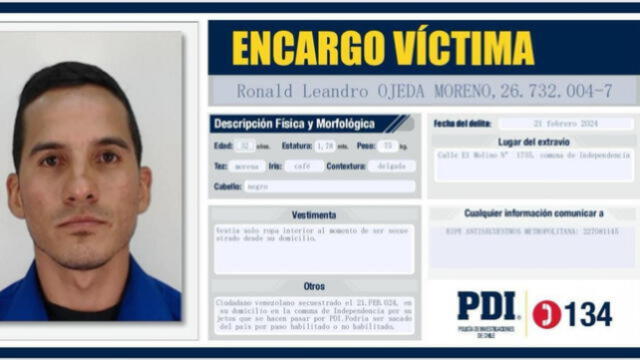 La PDI confirmó el secuestro del teniente Ronald Ojeda Moreno, venezolano refugiado en Chile tras desertar de su cargo en el régimen de Nicolás Maduro. Foto: PDI   
