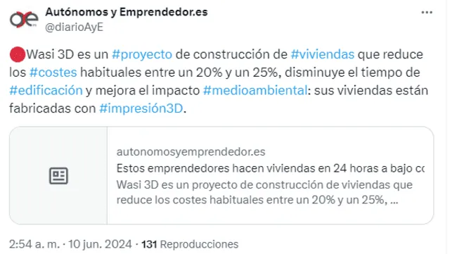  Wasi 3D, proyecto de construcción de viviendas con la impresión 3D. Foto: Twitter Autónomos y Emprendedores.es   