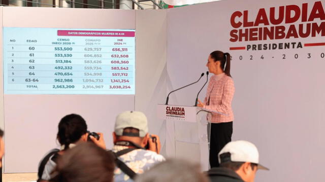 Exposición de Claudia Sheinbaum del programa de apoyo universal para mujeres de 60 a 64 años. Foto: NRT   