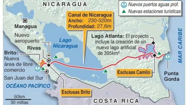 El ambicioso Canal Interoceánico de Nicaragua se presentó como un megaproyecto para unir el mar Caribe con el océano Pacífico. Foto: La Razón   