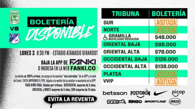 Así se venderán las entradas al clásico colombiano. Foto: Atlético Nacional 