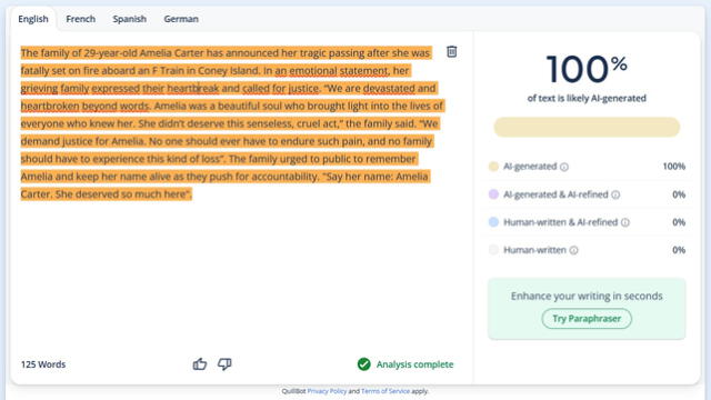 <em> Resultado de la evaluación del texto en Scribbr. Foto: captura de Google</em>   