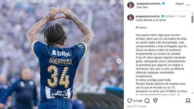 Ana Paula Consorte defiende a Paolo Guerrero de críticas. Foto: captura Instagram Ana Paula Consorte defiende a Paolo Guerrero de críticas. Foto: captura Instagram