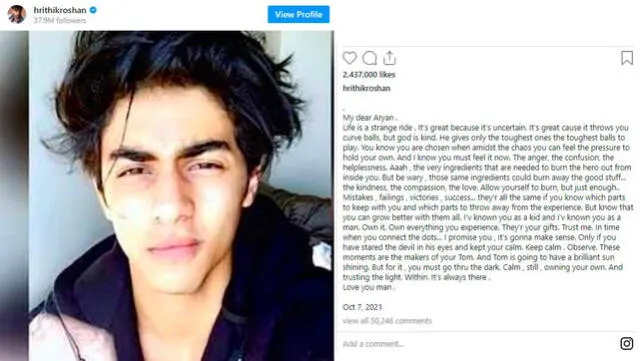Post de Hrithik Roshan sobre Aryan Khan. Foto: Instagram
