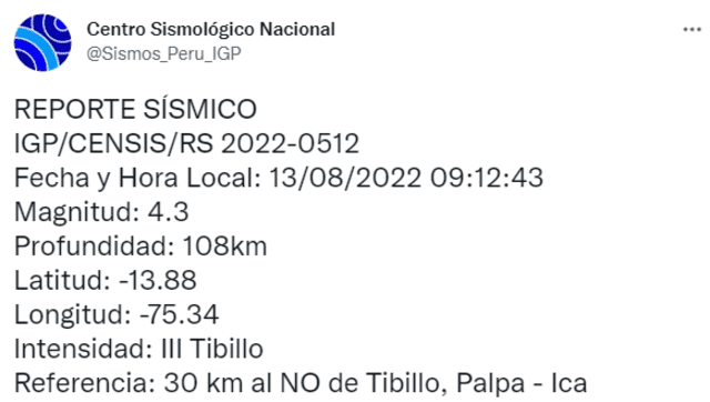 Datos de sismo en Ica el sábado 13 de agosto. Foto: captura