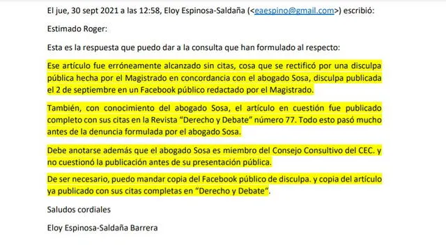 Nueva versión de Eloy Espinosa-Saldaña donde asume la responsabilidad directa en omisión de citas.
