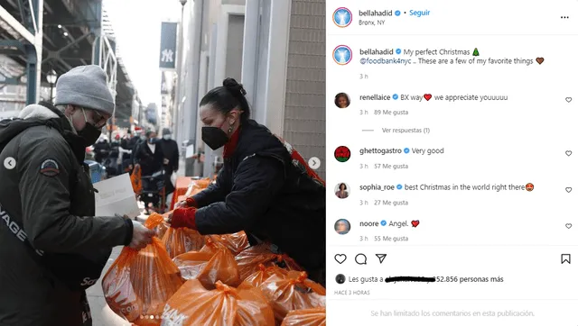 Bella Hadid salió a las calles a neoyorquinas a entregar donativos por Navidad. Foto; Bella Hadid/Instagram