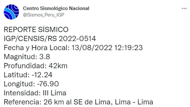 Datos del sismo en Lima el sábado 13 de agosto. Foto: captura