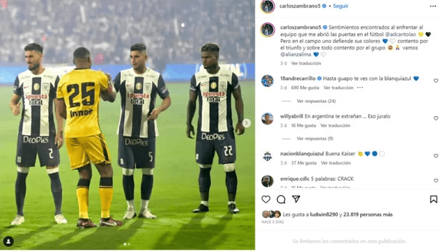  Jugadores de Alianza bloquean comentarios en redes. Foto: Instagram/ Carlos Zambrano 