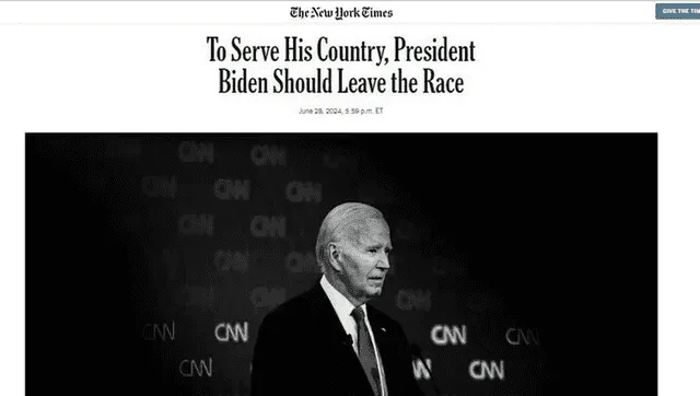  Consejo editorial de The New York Times que pide a Joe Biden abandonar su campaña de reelección. Foto: AFP    