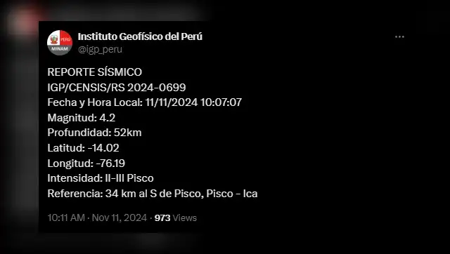  Comunicado del sismo de hoy, 11 de noviembre, de IGP. Foto: difusión.    