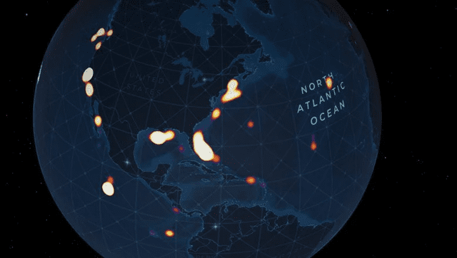 Mapa de calor muestra la concentración de inmersiones profundas conocidas con observaciones visuales en el Océano Pacífico. Foto: Ocean Discovery League Mapa de calor muestra la concentración de inmersiones profundas conocidas con observaciones visuales en el Océano Pacífico. Foto: Ocean Discovery League