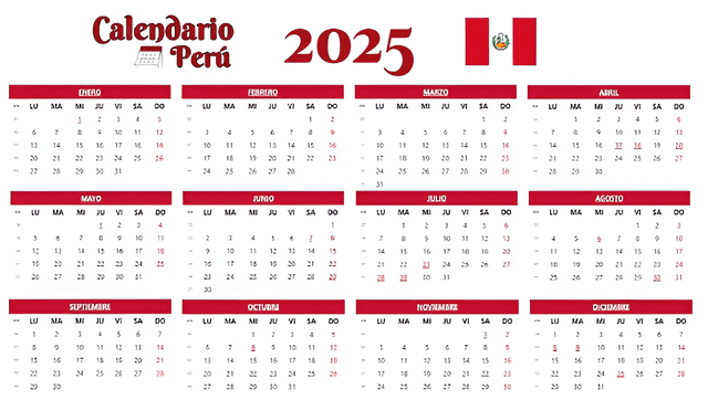 Ejemplo de un calendario de un año año no bisiesto (365 días). Foto: Calendario Perú Ejemplo de un calendario de un año año no bisiesto (365 días). Foto: Calendario Perú