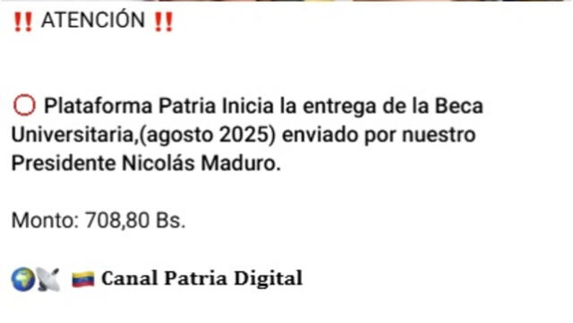 Anuncio del Bono Beca Universitaria de agosto 2025. Foto: Canal Patria Digital   