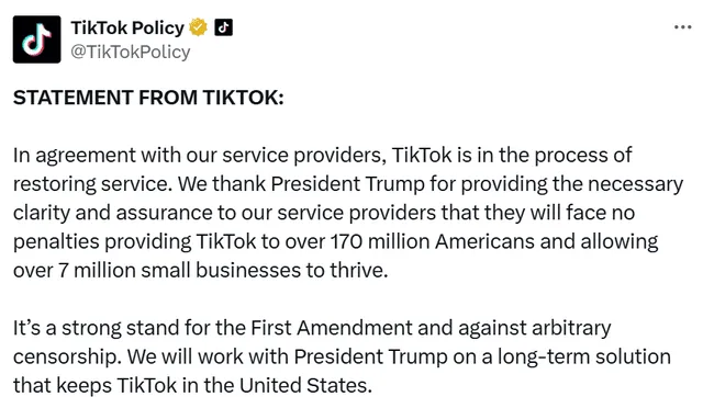 Statement post by TikTok on X, former Twitter. Photo: TikTokPolicy/X   