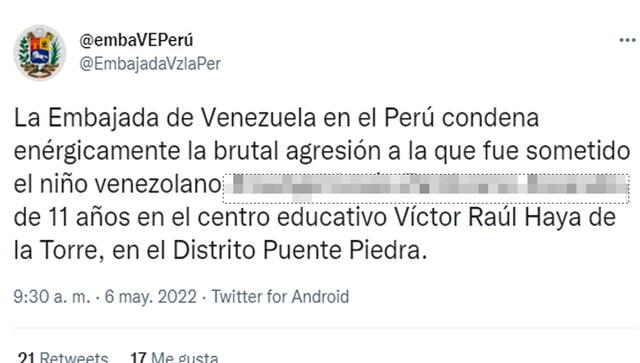 Embajada de Venezuela se pronuncia sobre el caso del niño de 11 años agredido en un colegio en Puente Piedra. Foto: captura Twitter
