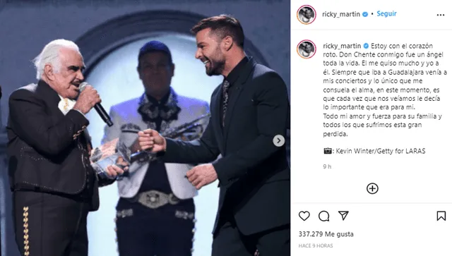 Ricky Martin dedico sentido mensaje de adiós a Vicente Fernández. Foto: Ricky Martin/Instagram.