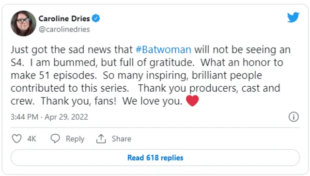 Anuncio de la cancelación de "Batwoman". Foto: Twitter