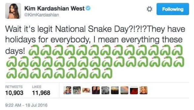 Publicación de Kim Kardashiam el 18 de julio de 2016 tildando de serpiente a Taylor Swift. Foto: