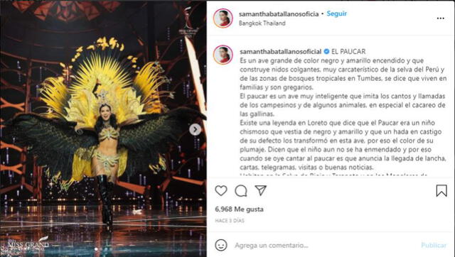 La reina de belleza describió la elección de su traje a través de su cuenta de Instagram. Foto: Instagram / @samanthabatallanosoficial