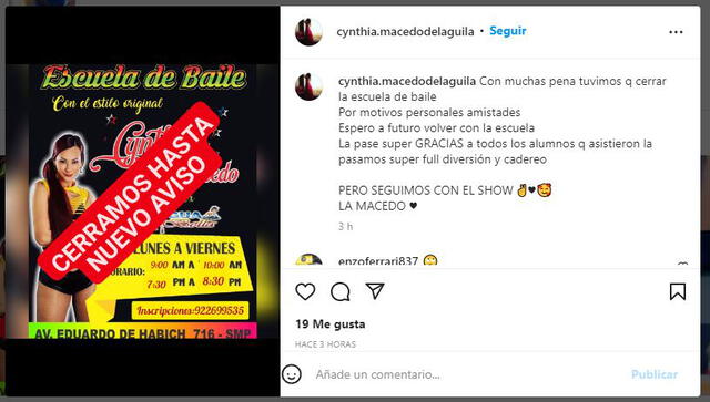 Cynthia Macedo cierra local de baile. Foto: captura/Instagram