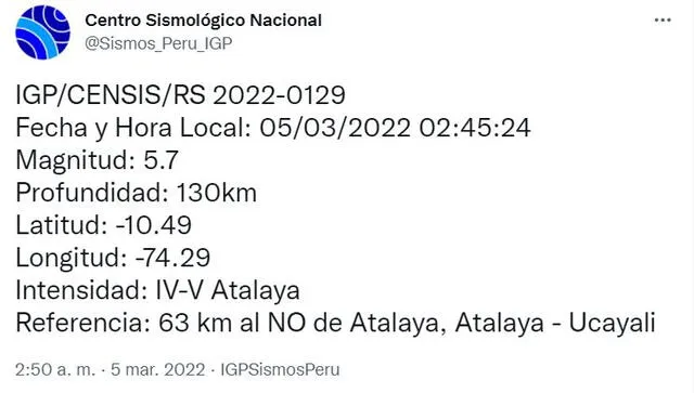 Datos del sismo en Ucayali